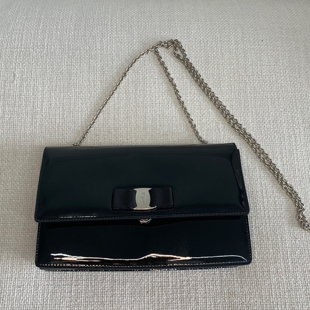 Salvatore Ferragamo Black Patent Leather Ginny Flap Bag
